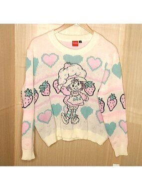 Strawberry Shortcake Womens New Pink White Oversized Retro Sweater Medium